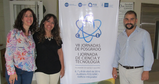Organizadores de las Jornadas. De izq. a der: Dra. Maccioni, Directora de la Escuela de Posgrado; Dra. Sotomayor, Vicedirectora de la Escuela, y Dr. Mariscal, Secretario General de la FCQ (UNC).